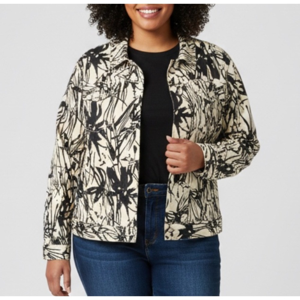 CAROLE LITTLE Tan/Black TROPICAL DESIGN Midweight LINEN Button-Up JACKET Sz 2X